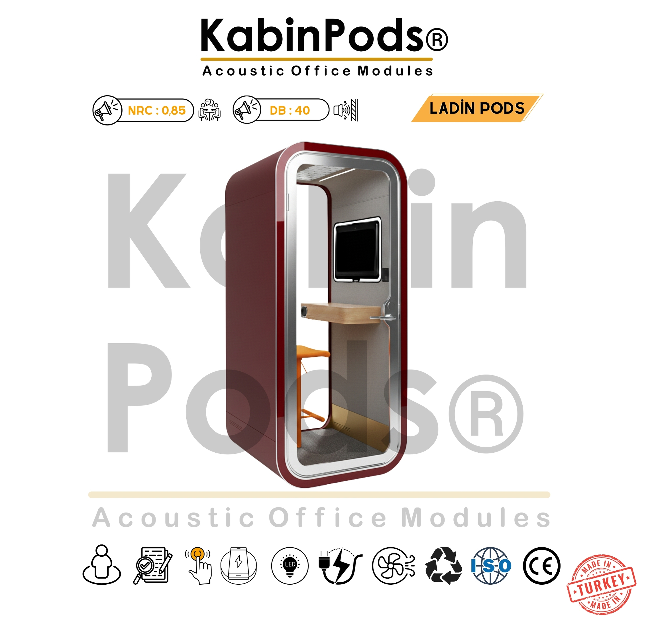 Akustik Kabin tek kişilik görüşme kabini – yan görünüm